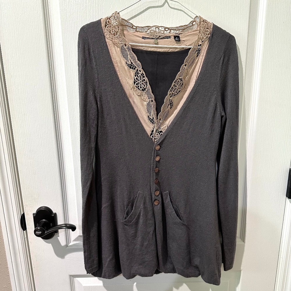 Anthropologie KNITTED &  KNOTTED Gray and Plum Cardigan Sweater